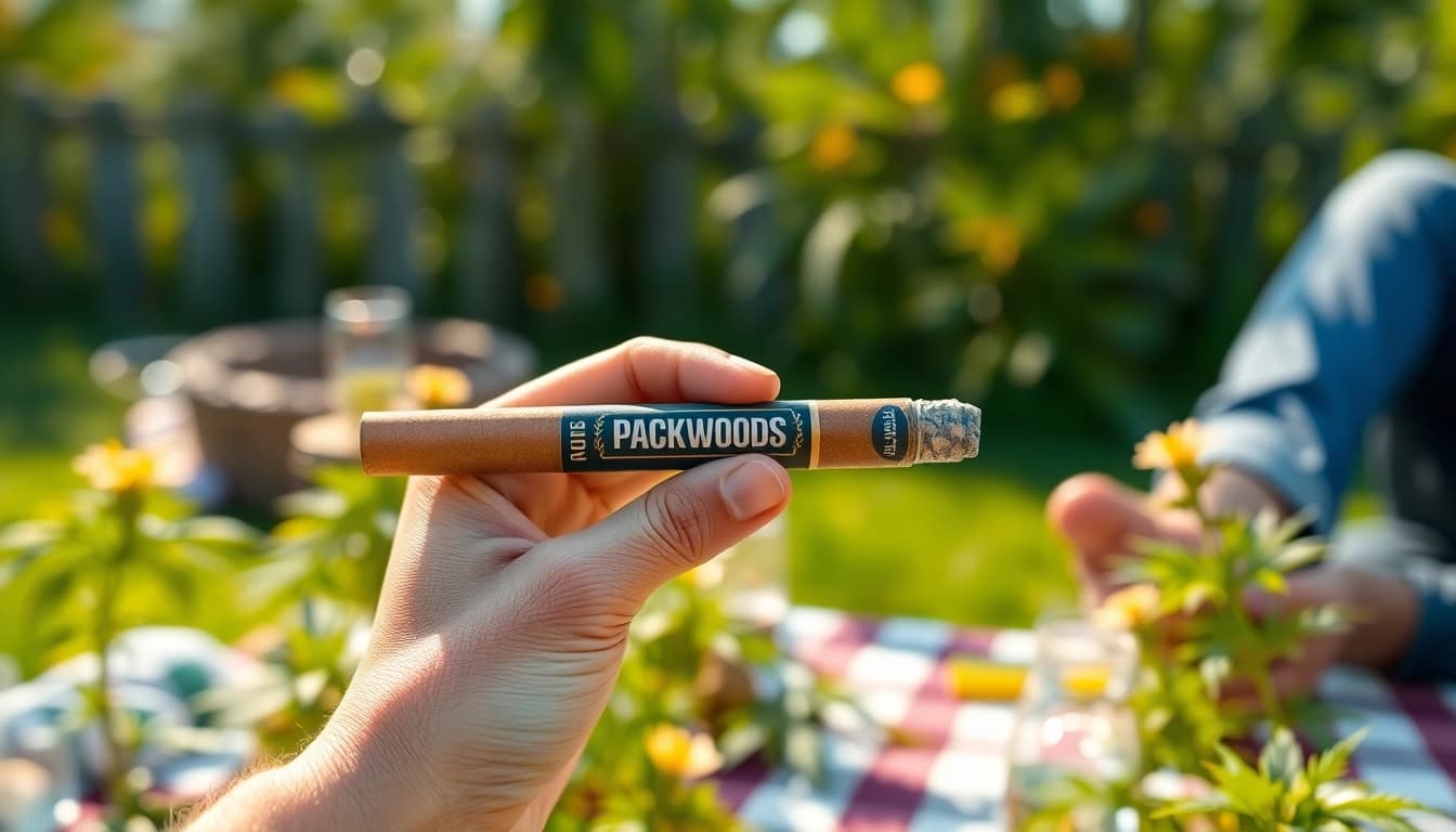 Buy packwoods for sale featuring a handcrafted blunt in a vibrant outdoor setting.