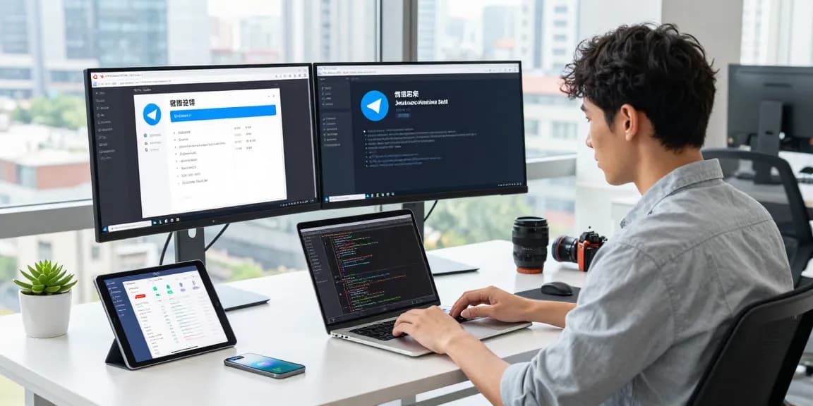 Developer using Telegram app interface in a modern workspace, demonstrating 纸飞机中文版 features and productivity.