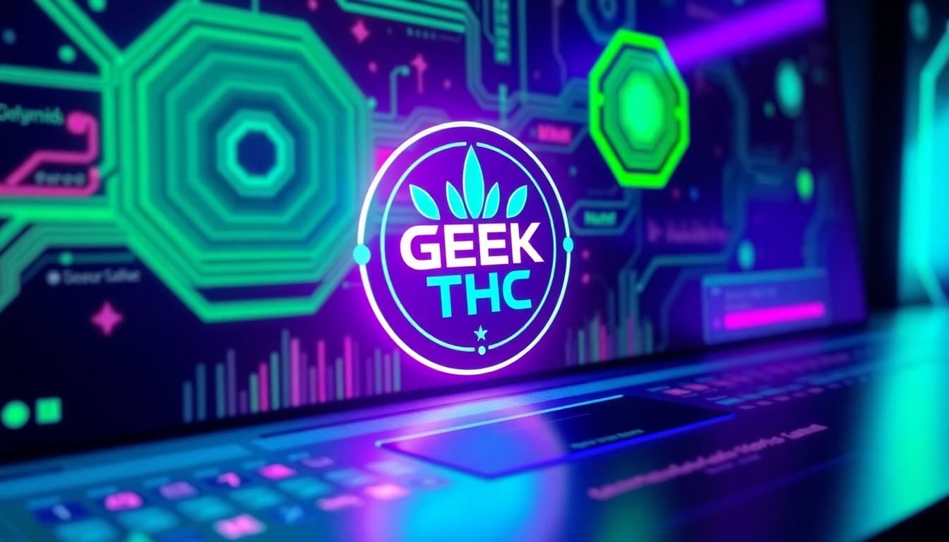 Visualize GEEK THC logo integrated into a digital landscape filled with vibrant tech elements.