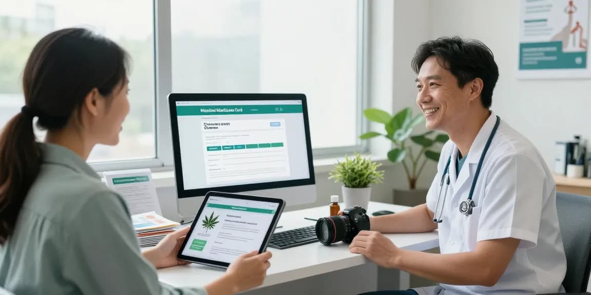 Patient receiving guidance for medical marijuana card online in a welcoming office.