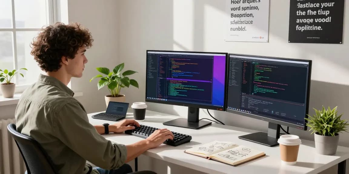 Developer coding in a bright workspace with 纸飞机中文版 on multiple screens, showcasing a modern tech environment.
