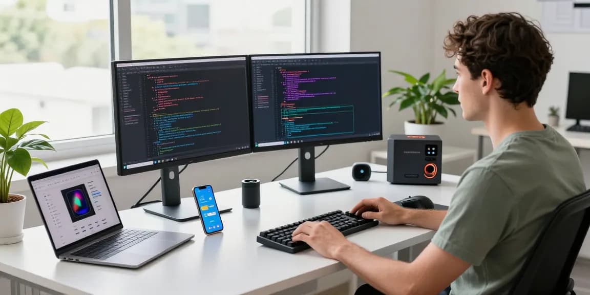 Developer coding in a modern workspace with dual monitors showcasing WhatsApp電腦版 interface and tech gadgets.