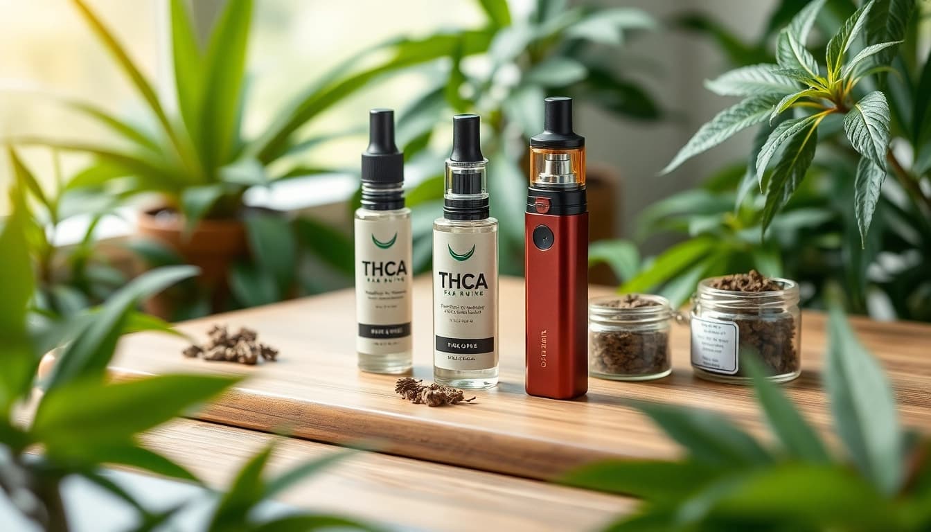 Showcasing THCA vapes elegantly arranged with herbs on a wooden table.