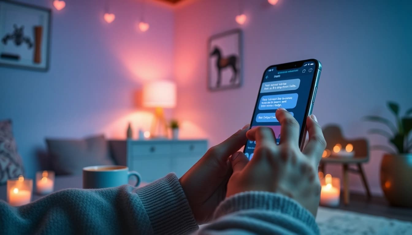 Engaging user interaction with an AI sex chat chatbot on a mobile device in a cozy setting.