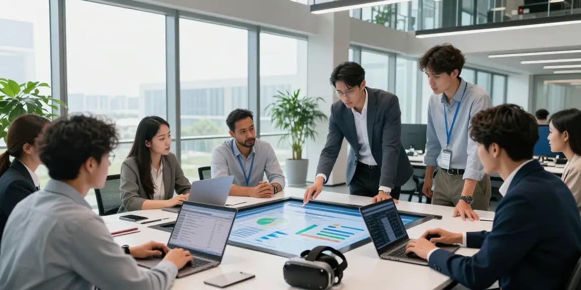 Team collaborating on asset tracing software in a modern office