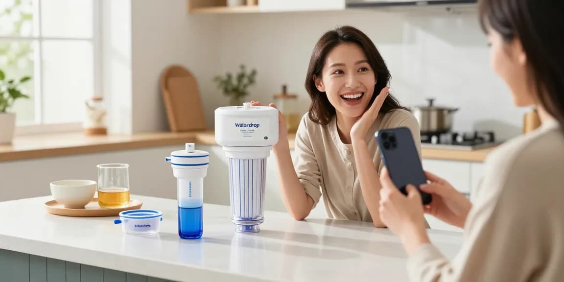 The Waterdrop Spin Down Sediment Filter featured in an online shopping review, showcasing product details and premium packaging for e-commerce buyers.