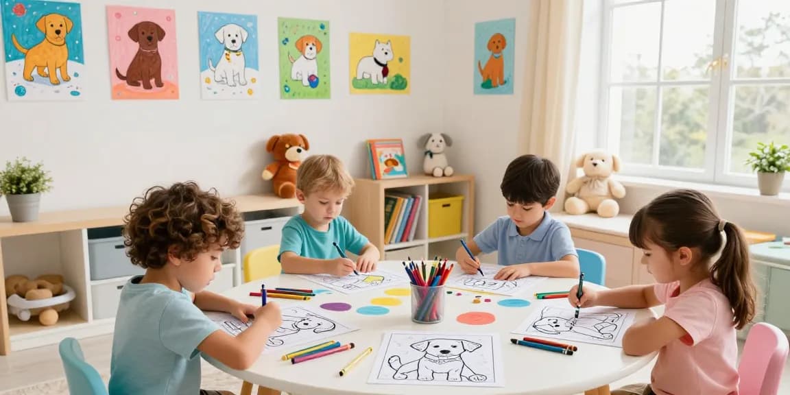 Children engaging with Labrador Retriever cartoon character coloring pages, enjoying artistic creativity.