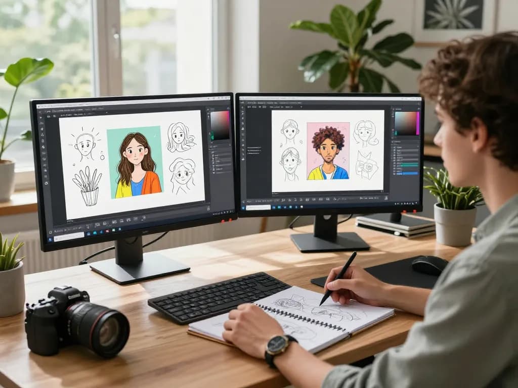 Designer using nano banana pro AI image editor in a vibrant digital workspace.