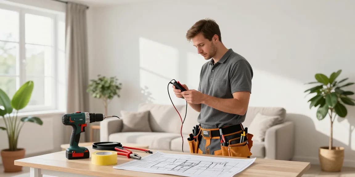 This page showcases an electrician rewiring a living room, illustrating home improvement efforts with tools and bright decor.