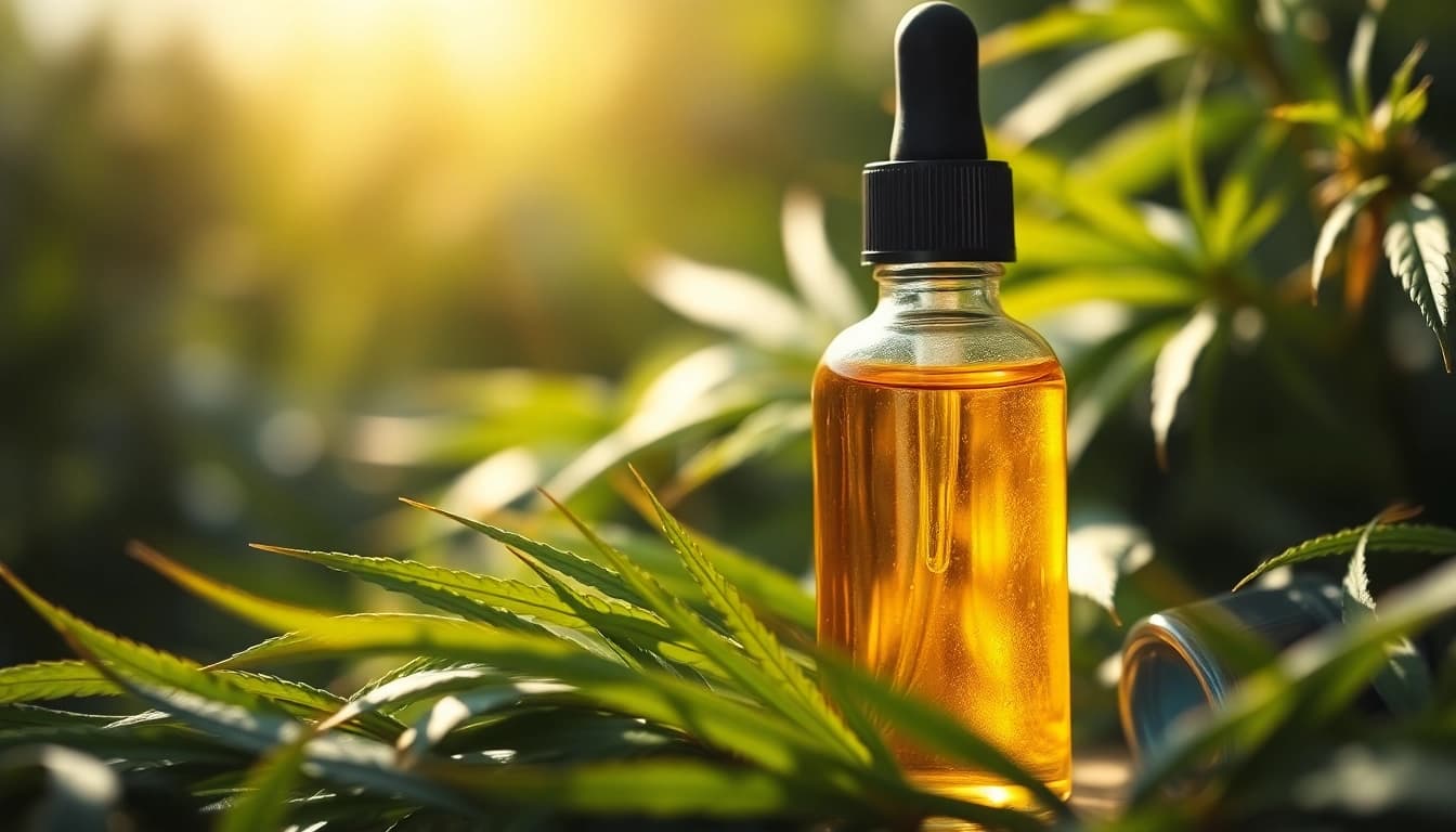 Discover CBD Oil in a serene setting with lush hemp surroundings and a golden hue.