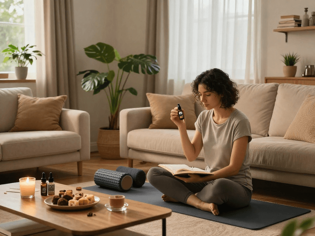 Top shelf flower delivery highlighted in a cozy wellness scene featuring CBD oil, yoga mat, and a calming atmosphere.