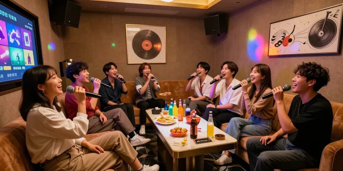Fun group singing at 강남 엘리트 가라오케 private room with snacks and vibrant lighting.