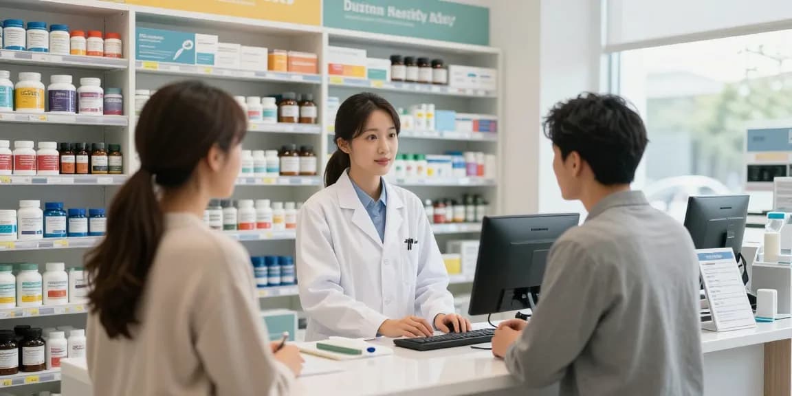 Unique Pharma Steroid Shop showcasing health supplements and professional pharmacist assisting customers