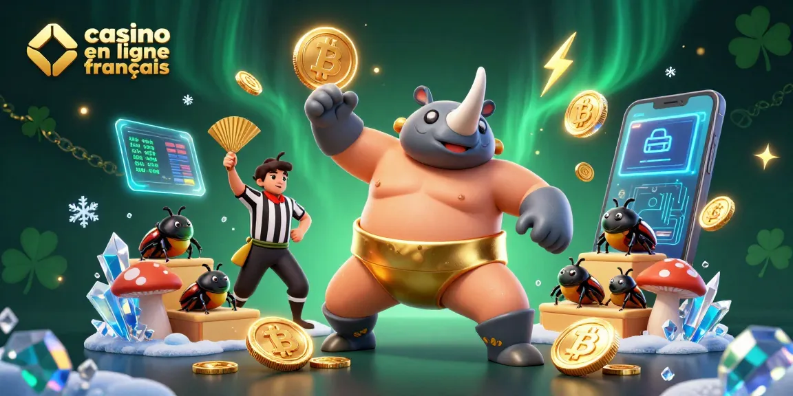 Jouez dans un casino en ligne français avec un champion rhinocéros et une ambiance festive.