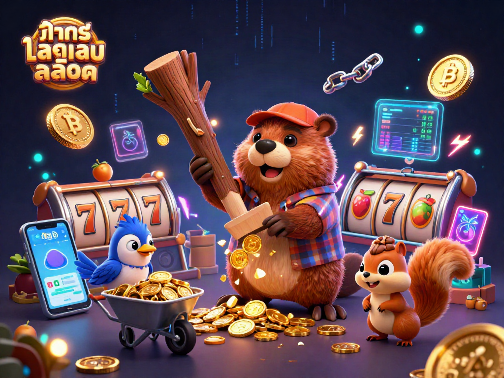 Try ทดลองเล่นสล็อต with vibrant slot-themed characters in a rich, dynamic illustration.
