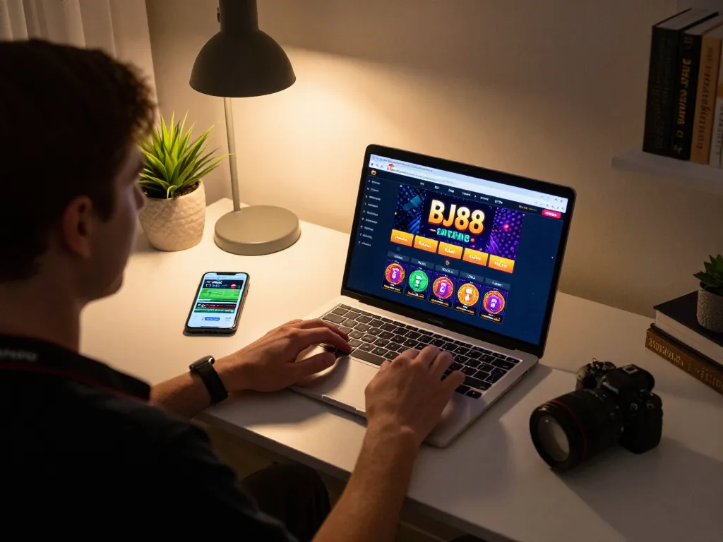 Experience the thrill of online gambling with BJ886, featuring a vibrant home gaming setup