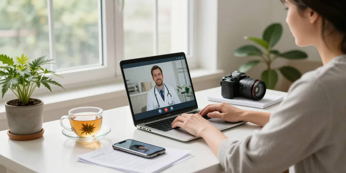 Consulting for an MMJ card online in a bright home office with wellness elements.