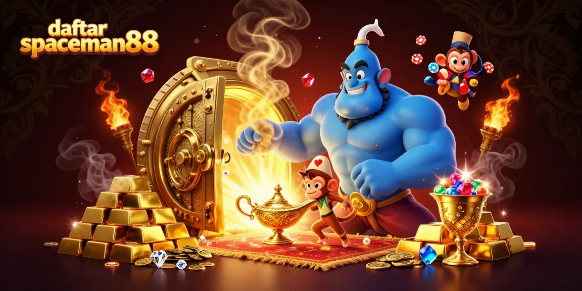 Play games to win big with daftar spaceman88 featuring a vibrant 3D genie scene.