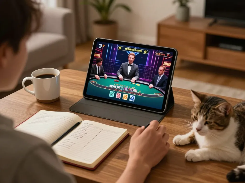 Player enjoys live dealer blackjack on GG88 at home, strategic notes visible.