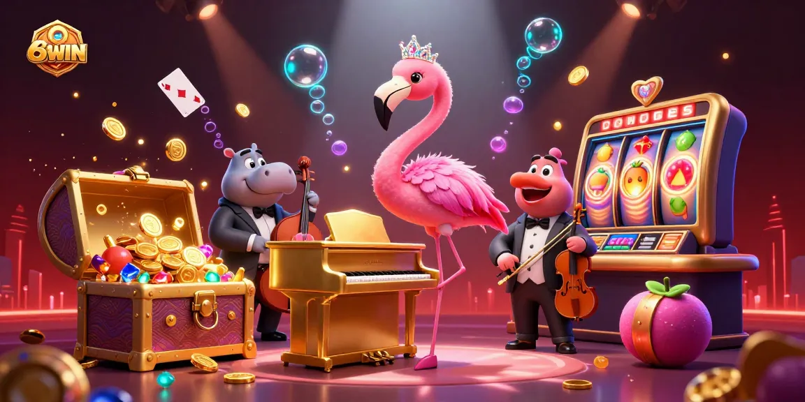 68WIN showcases a vibrant casino scene with spinning slot reels, gold coins, and colorful gems.