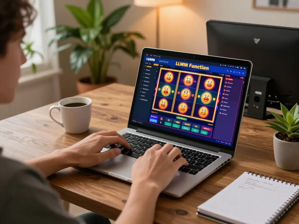 Person engaging with LLWIN Function on a laptop for online slot gaming, showcasing interactive gameplay in a cozy home setup.