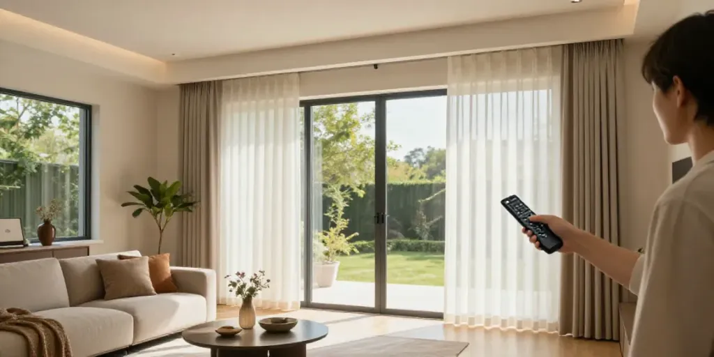 Electric curtains in a modern living room, enhancing comfort and control.