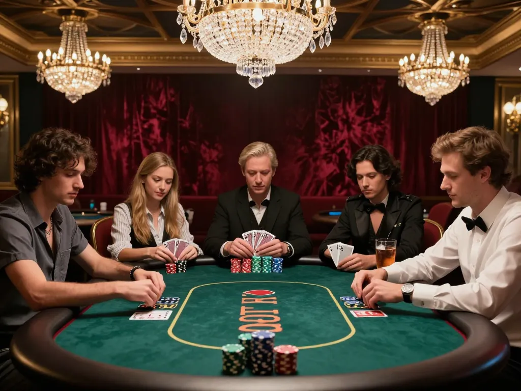 32win players enjoying intense poker action at a high-stakes table in an upscale casino