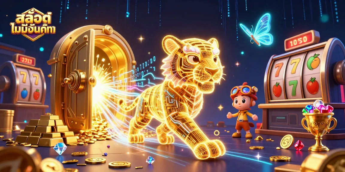 Experience สล็อตไม่มีขั้นต่ำ with a vibrant casino scene featuring a neon tiger and treasures
