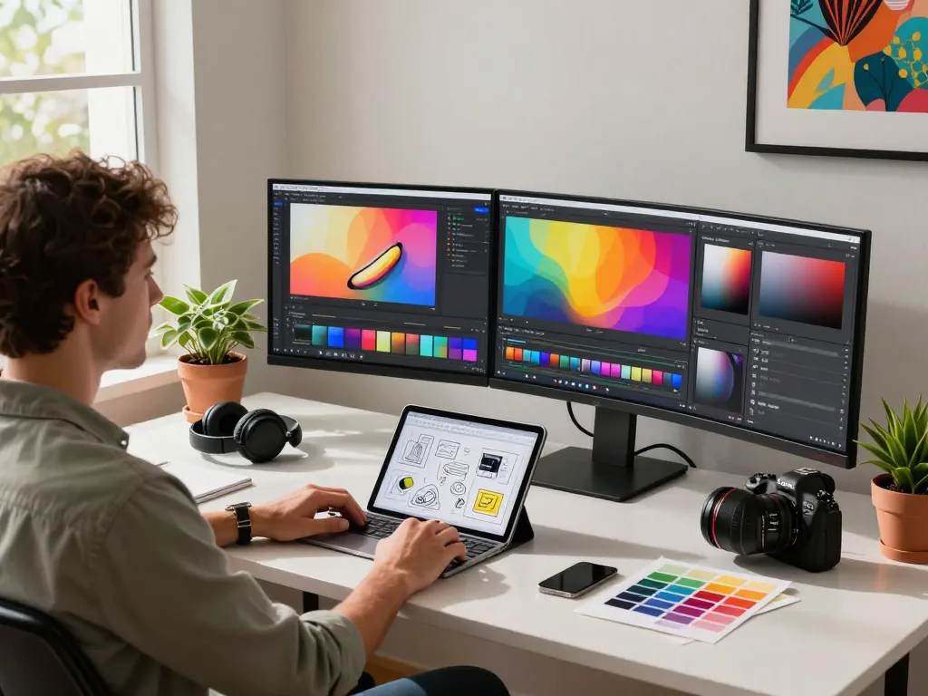 Designer using nano banana 2 for creative image edits in a modern workspace.
