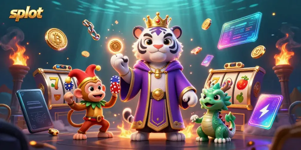 Engaging slot machine scene featuring a whimsical white tiger and playful monkey amidst colorful game elements.