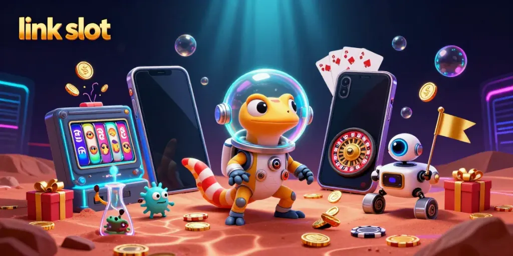 Permainan link slot menampilkan gecko angkasa dan robot merayakan jackpot di kasino Mars.