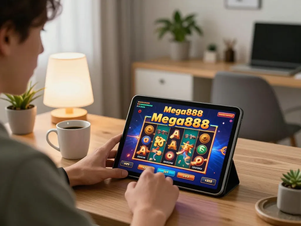 Engaging in free credit mega888 gameplay on a tablet in a modern home office setting.