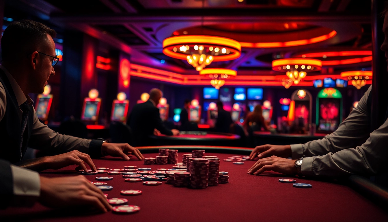Permainan kasino bbni4d di meja poker dengan chip berwarna-warni dan suasana energik.