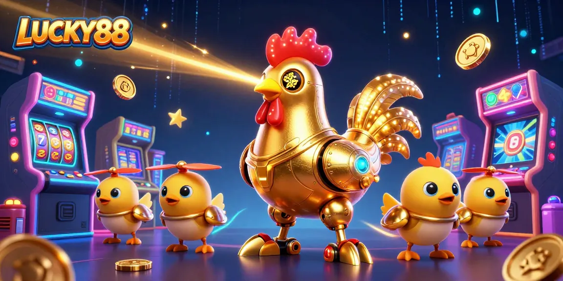 Maximize wins on LUCKY88 with a 3D depiction of a golden rooster robot surrounded by vibrant gaming elements.