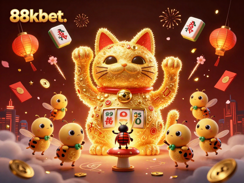 Engage with vibrant lucky cat 88kbet. illustration, showcasing dynamic casino symbols in a rich gaming environment.