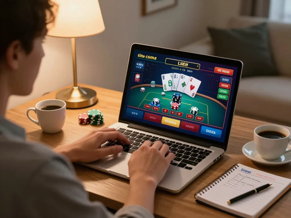Engaged player strategizing gameplay on 99win, enjoying an online casino experience at home.