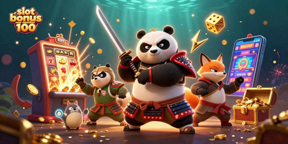Spin for excitement with slot bonus new member 100 as the animated samurai panda and friends celebrate winning.