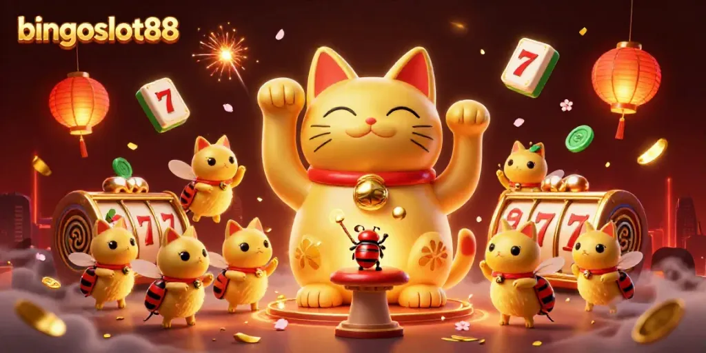 Rasakan keseruan bingoslot88 dengan ilustrasi cat keberuntungan dan elemen kasino.