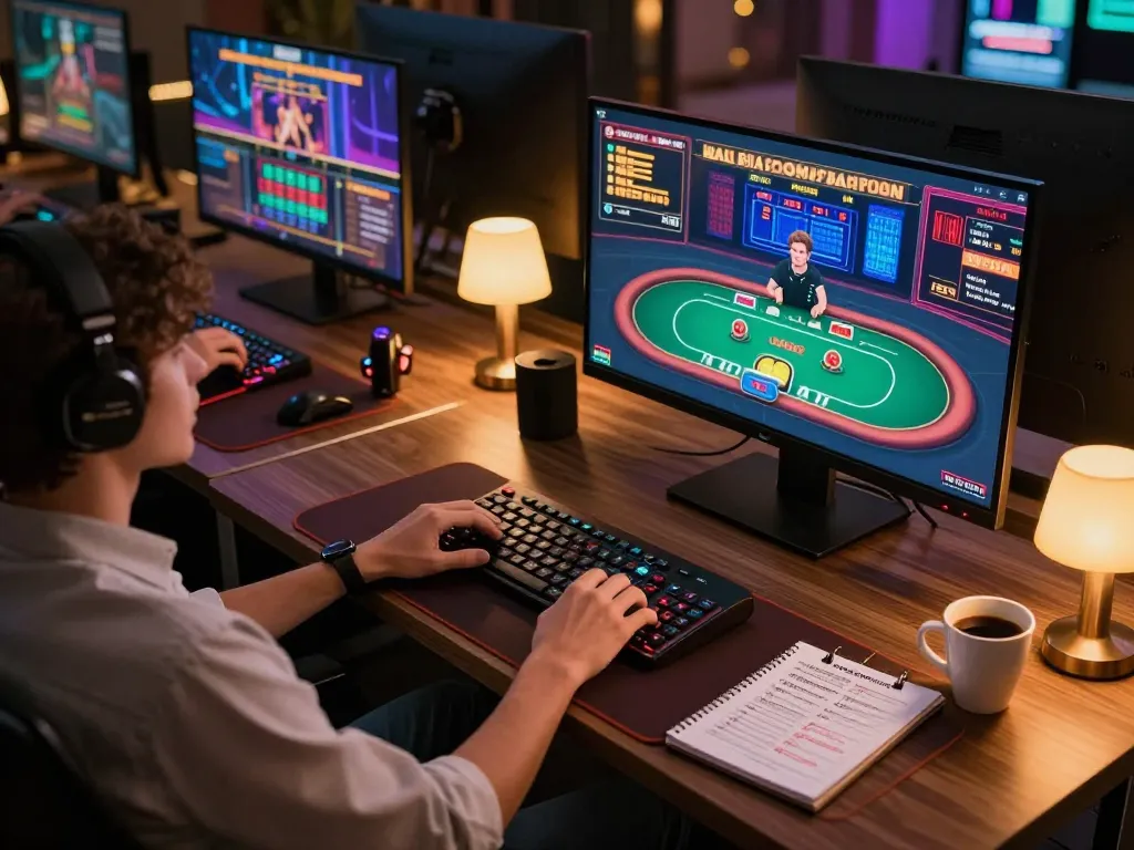 Player strategizing in an upscale gaming setup for 3win com, engaging with live poker and notes.
