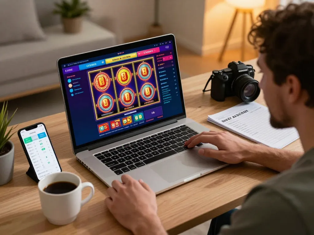 Engaging online gaming experience at https://vmax99.vip/ with vibrant slot games on laptop screen and strategy notes