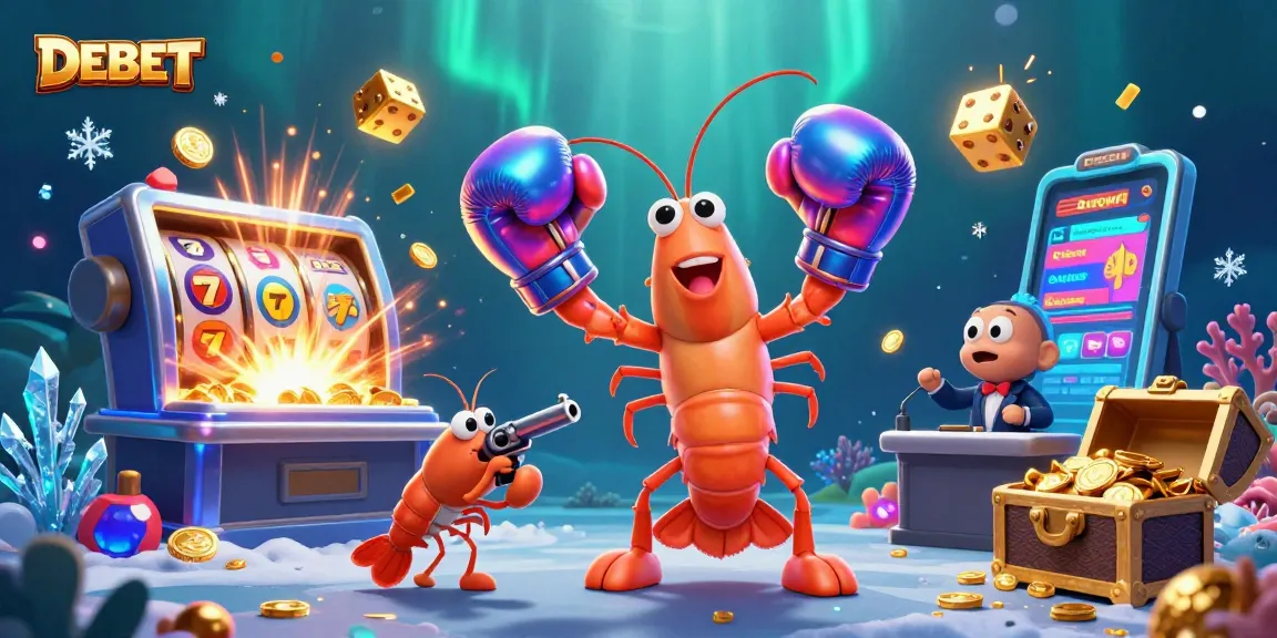Engage with DEBET immersive casino action featuring vibrant shrimp characters and slot machines.