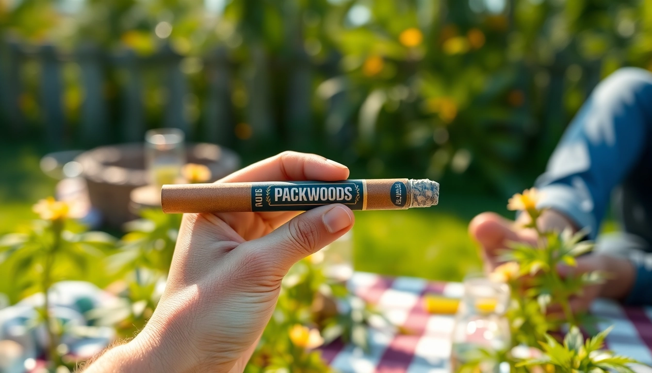 Buy packwoods for sale featuring a handcrafted blunt in a vibrant outdoor setting.