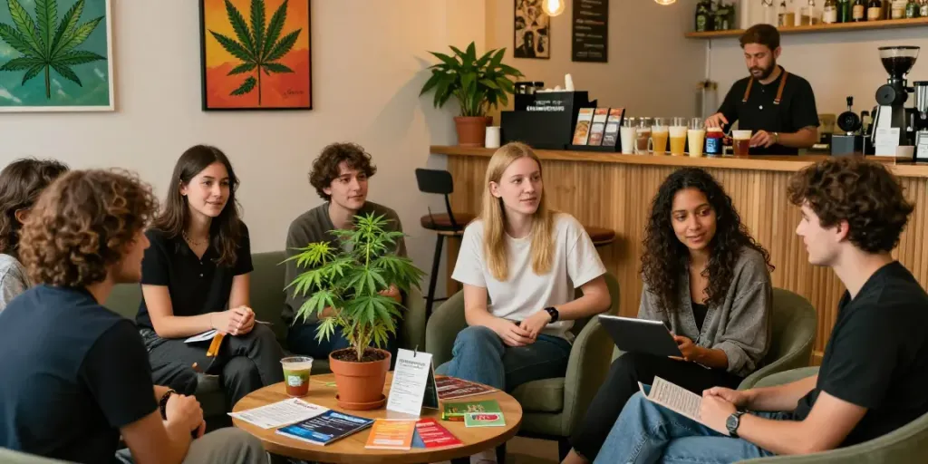 Cannabis club Braunschweig featuring a community gathering with vibrant plants, inviting atmosphere, and friendly interactions.