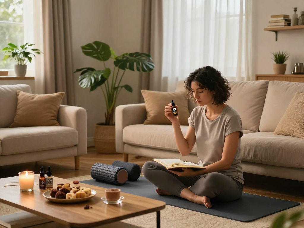Top shelf flower delivery highlighted in a cozy wellness scene featuring CBD oil, yoga mat, and a calming atmosphere.
