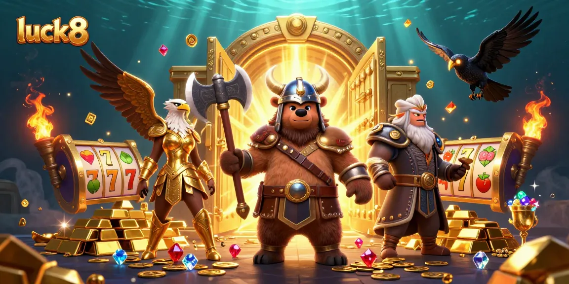 Engage with luck8 slots featuring a Viking bear, Valkyrie eagle, and treasure in an action-packed casino scene.