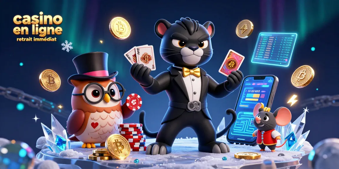 Participez au casino en ligne retrait immédiat avec une scène cartoon 3D mettant en scène un croupier panthère et des éléments colorés.