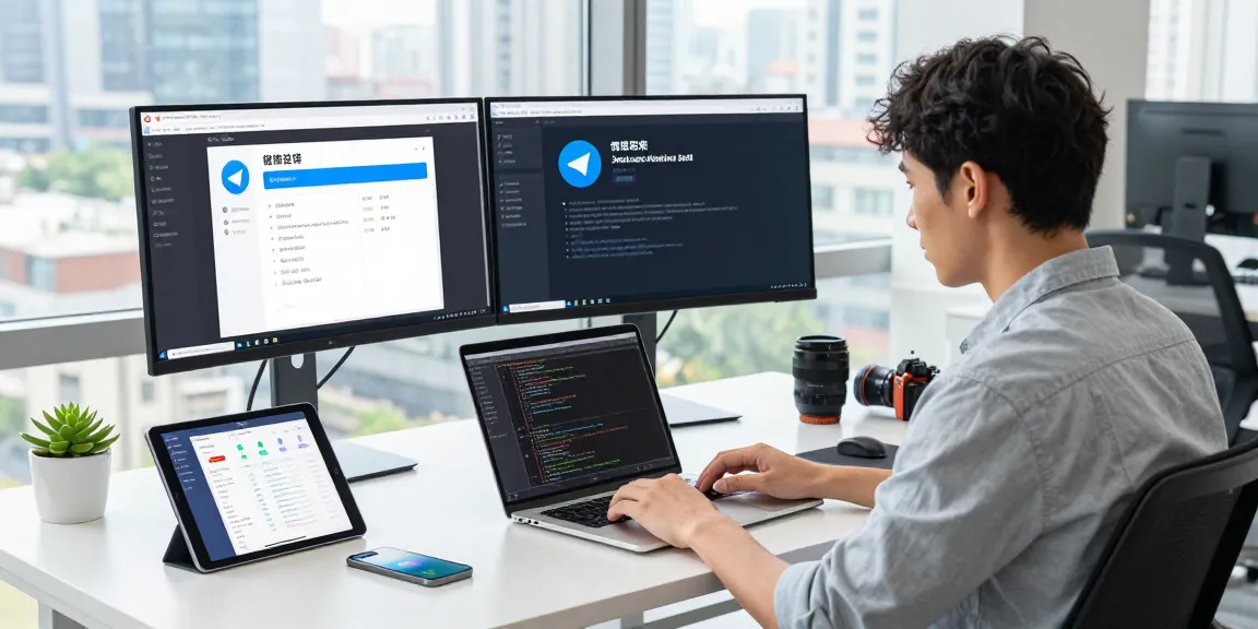 Developer using Telegram app interface in a modern workspace, demonstrating 纸飞机中文版 features and productivity.
