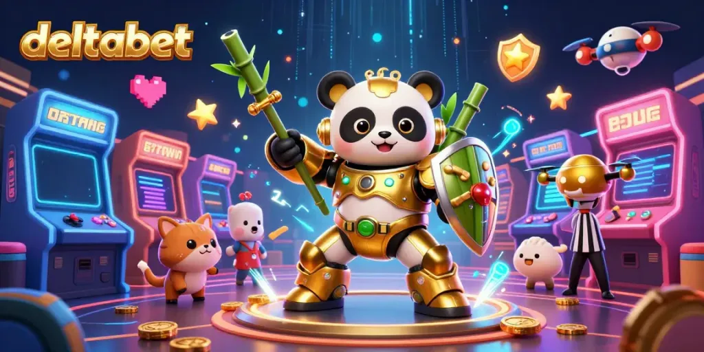 Gambaran dinamis permainan kasino bersama karakter panda emas mech dalam arena yang meriah di deltabet.