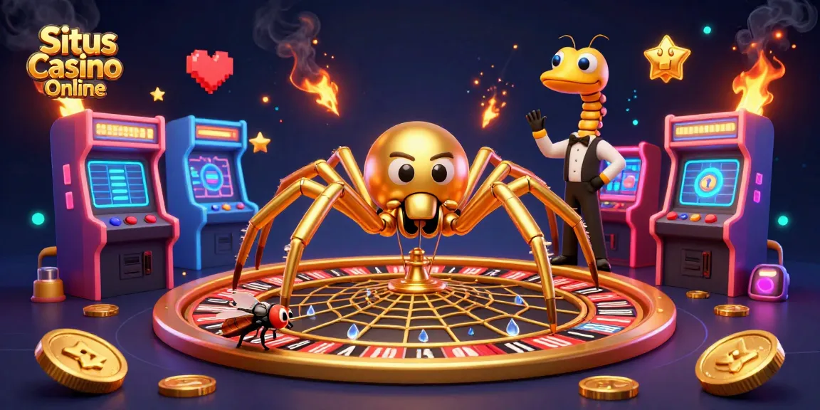 Experience thrilling excitement at Situs Casino Online with a whimsical roulette wheel scene featuring playful characters.
