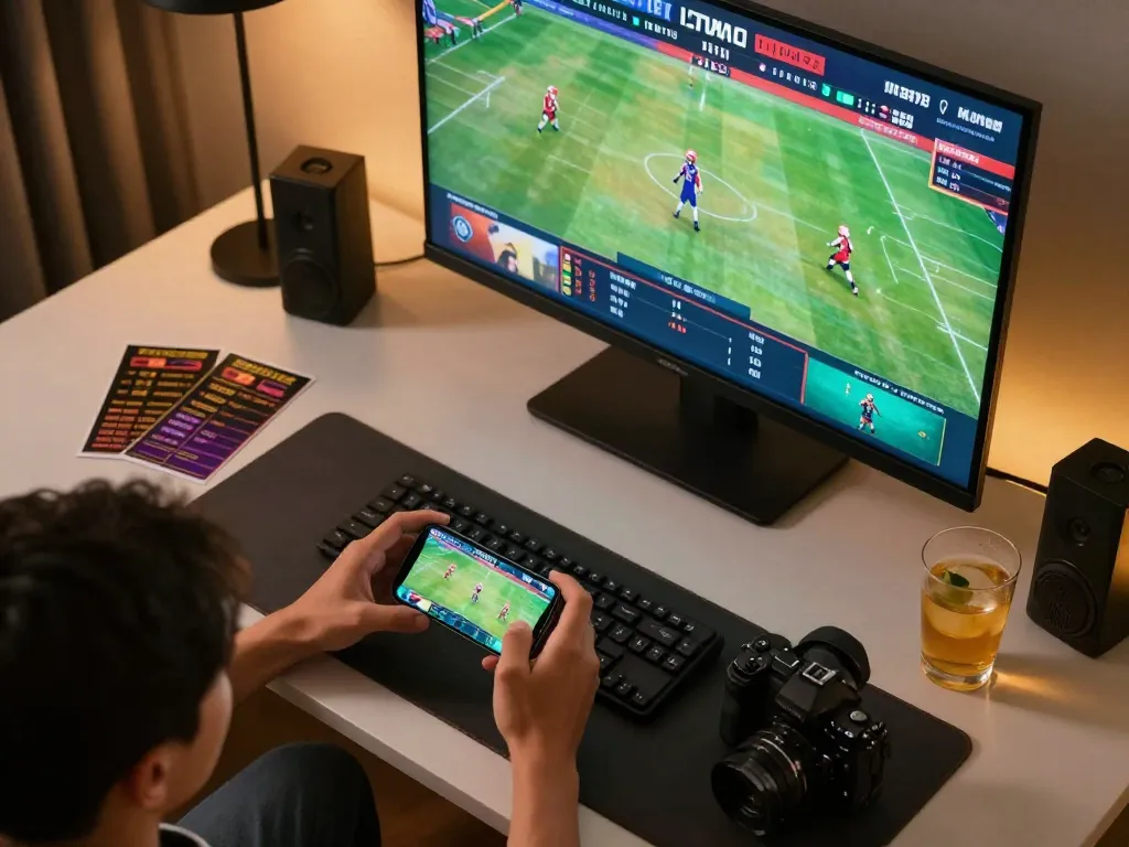 Engaging in sports betting with VMAX app on smartphone in stylish home setup
